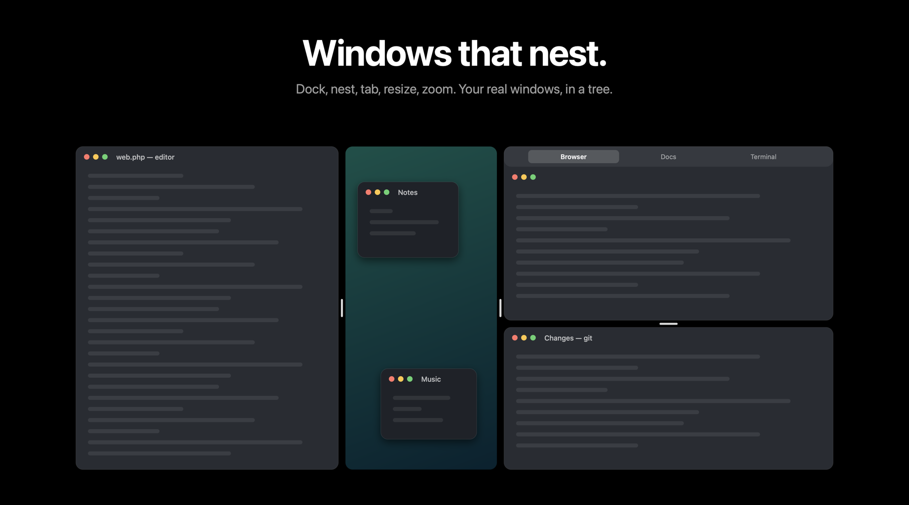 Weaver layout: docked editor, Desktop cell, tab group